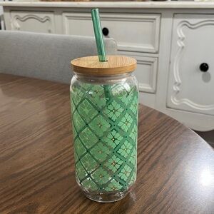 NWOT Green Floral Tumbler with Wood Lid